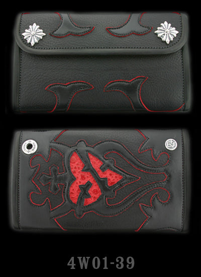 Large 3-Fold Cow Hide Wallet with Full Tribal Heart Graphics with Red Frog Inlay