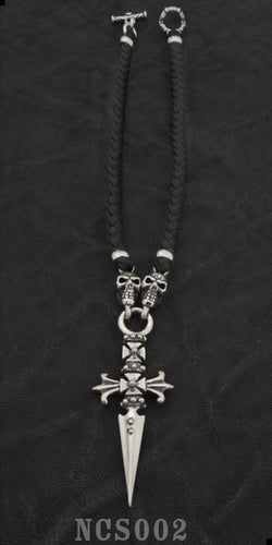 Cross Dagger with 2 Skulls with Braided Leather Necklace