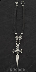 Cross Dagger with 2 Skulls with Braided Leather Necklace
