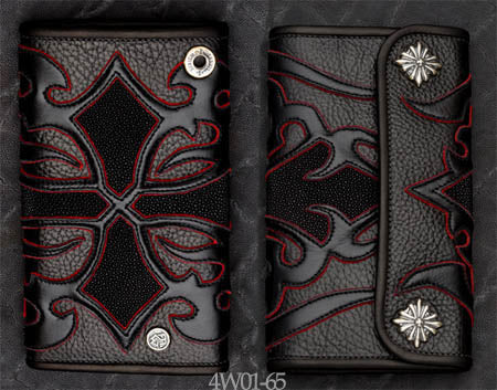 Large 3-Fold Black Leather Wallet w/ Tribal Cross Art, Black Stingray Inlay, and Red Suede Trim