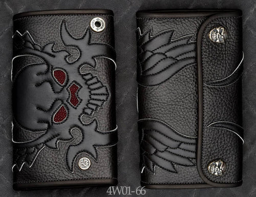Large 3-Fold Black Leather Wallet w/ Winged Skull Art, Burgundy Stingray Inlay and White Suede Trim
