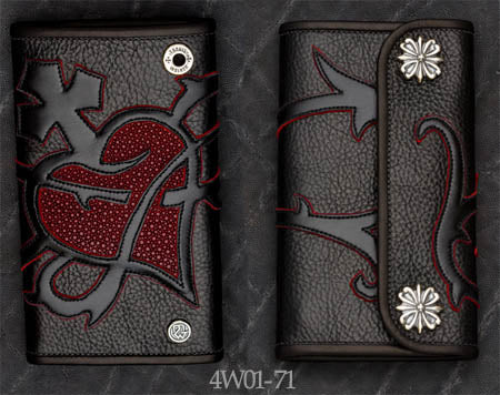 Large 3-Fold Black Leather Wallet w/ Heart Graphic, Red Stingray Inlay and Red Suede Trim