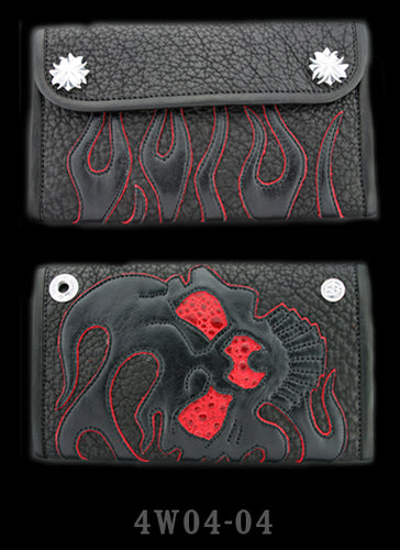 Large 3-Fold Shark Wallet with Full Flamed Skull Graphics with Red Frog Inlay