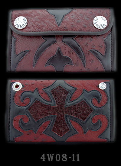 Large 3-Fold Ostrich Wallet Full Tribal Cross Graphics with Red Stingray Inlay