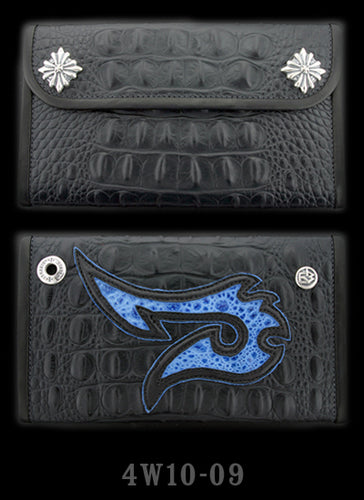 Large 3-Fold Faux Alligator Wallet with  Leather Fish Hook Graphics with Blue Frog Inlay and Blue Suede Trim