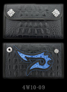 Large 3-Fold Faux Alligator Wallet with  Leather Fish Hook Graphics with Blue Frog Inlay and Blue Suede Trim
