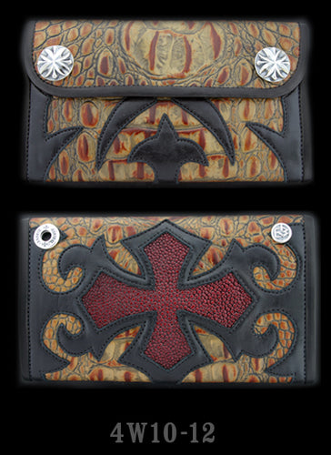 Large 3-Fold Faux Alligator Skin Wallet with Burgundy Stingray Inlay - Full Tribal Cross Graphic