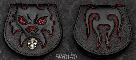 Black Leather Coin Purse w/ Skull Graphics, Burgundy Stingray Inlay and Burgundy Suede Trim