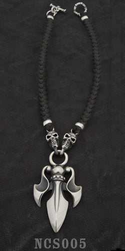 The Trident with 2 Skulls with Braided Leather Necklace