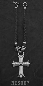 Large Sacred Cross with 2 Speed Skulls with Braided Leather Necklace