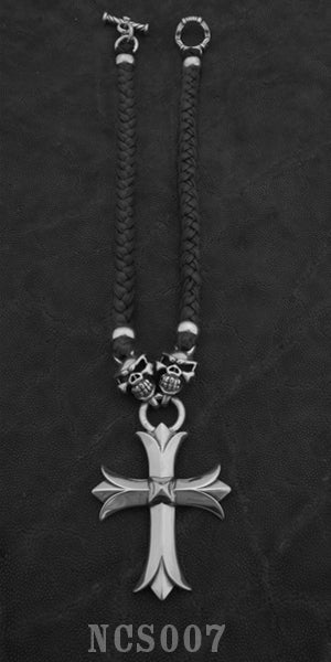 Large Sacred Cross with 2 Speed Skulls with Braided Leather Necklace
