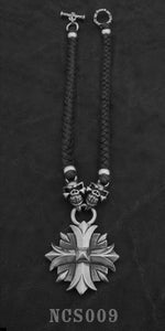 Large Valor Cross with 2 Speed Skulls with Braided Leather Necklace