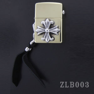 Brass Zippo Lighter with Cross and Side Plate with Leather Handle