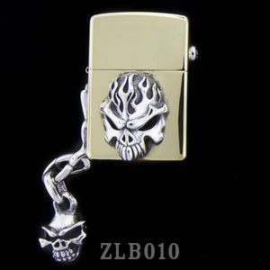 Brass Zippo Lighter with Flame Skull and Speed Skull Handle